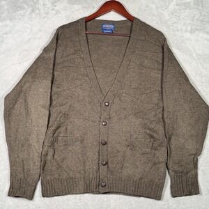 Pendleton Sweater Mens M Brown 100% Shetland Wool V Neck Cardigan *FLAW